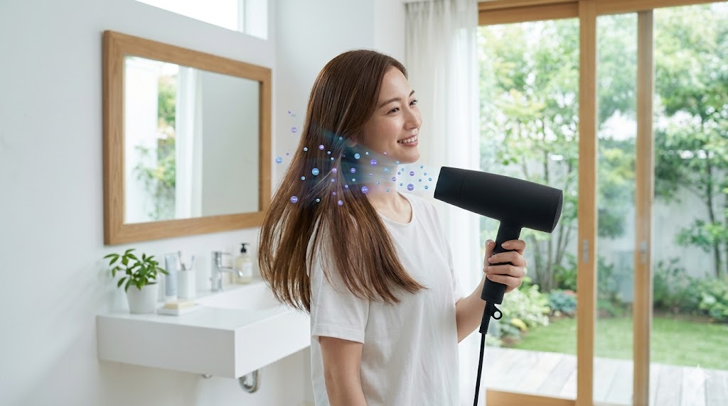 サロニア スピーディーイオンドライヤーを使う女性