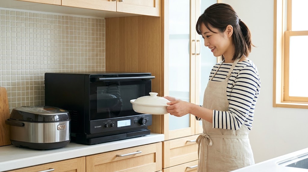 オーブンで料理をする女性