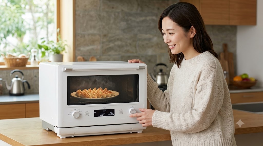 エブリノでおかずを温める女性