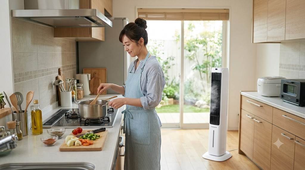 ここひえタワーを置いて料理する女性
