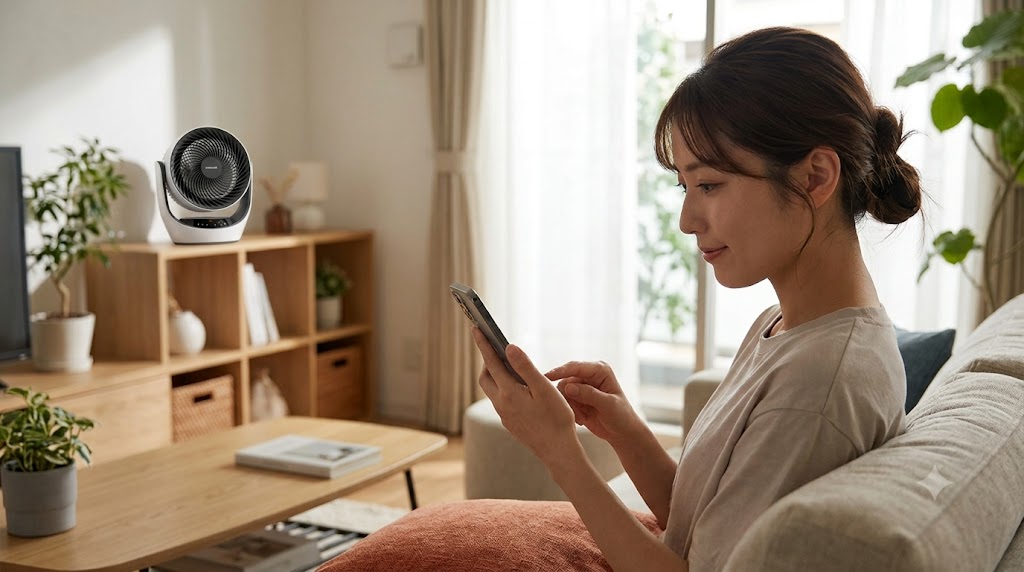 SwitchBot サーキュレータをアプリで操作する女性