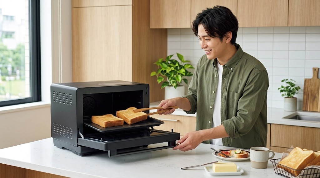 エブリノでトーストを焼く男性