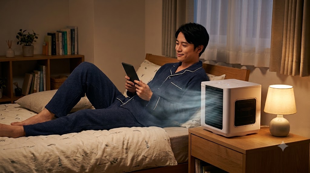 ここひえを枕元で使う男性