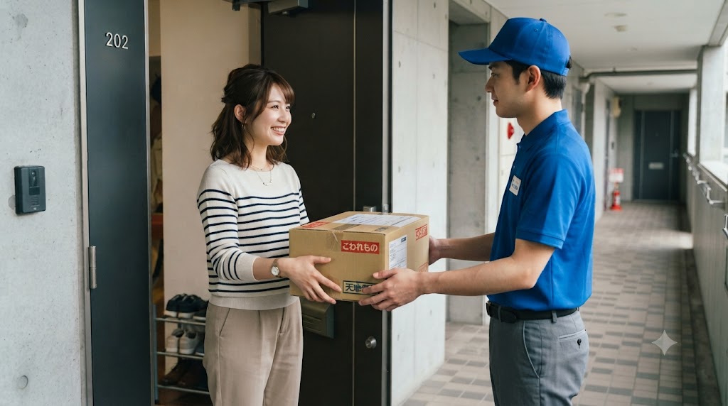 宅配便を受け取る女性