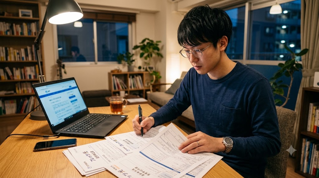フレッツ光契約書類を確認する男性